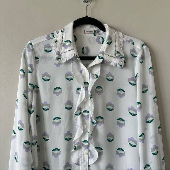 ARITZIA-“SUNDAY Best” CottageCore Floral Ruffle Front Ling Sleeve Blouse - Picture 5 of 13